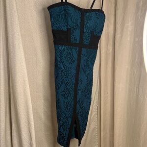 Material Girl Teal Lace Midi Dress with Black Trim